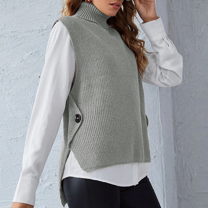 Damen ärmellose Strickjacke mit hohem Kragen und Knopfdetails ModeGeist