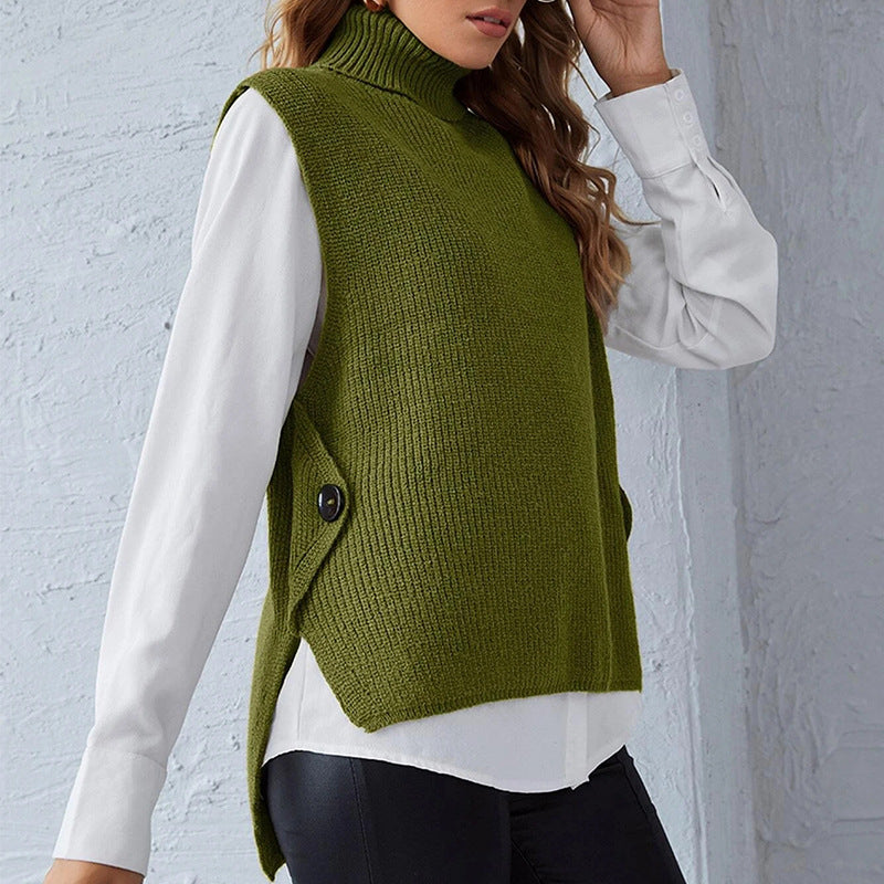 Damen ärmellose Strickjacke mit hohem Kragen und Knopfdetails ModeGeist