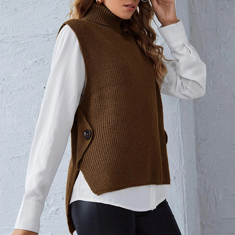 Damen ärmellose Strickjacke mit hohem Kragen und Knopfdetails ModeGeist