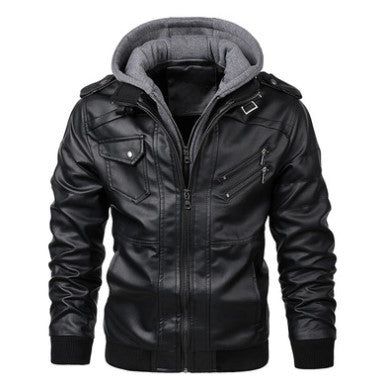 Herren Kunstlederjacke mit abnehmbarer Kapuze und mehreren Reißverschlusstaschen ModeGeist