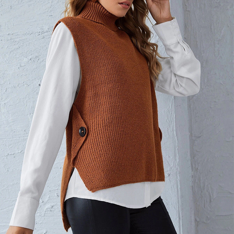 Damen ärmellose Strickjacke mit hohem Kragen und Knopfdetails ModeGeist