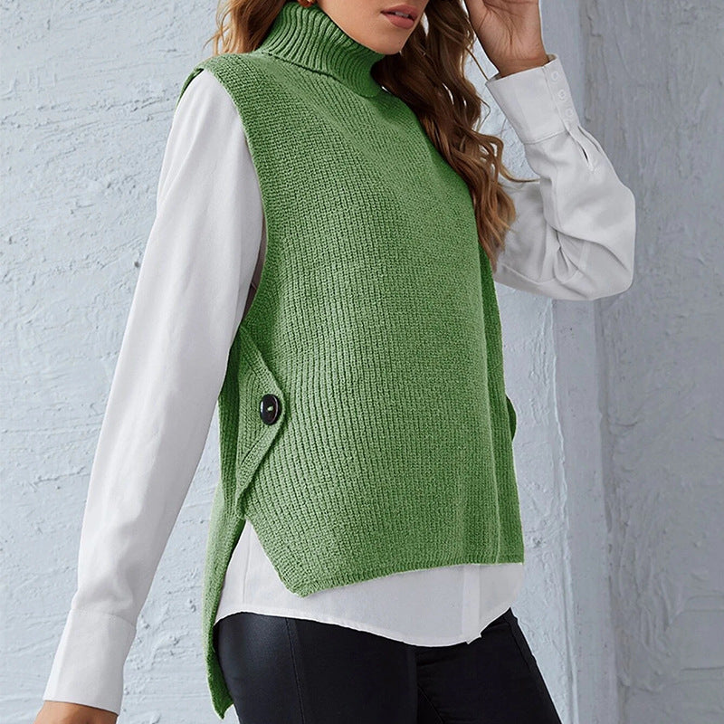 Damen ärmellose Strickjacke mit hohem Kragen und Knopfdetails ModeGeist