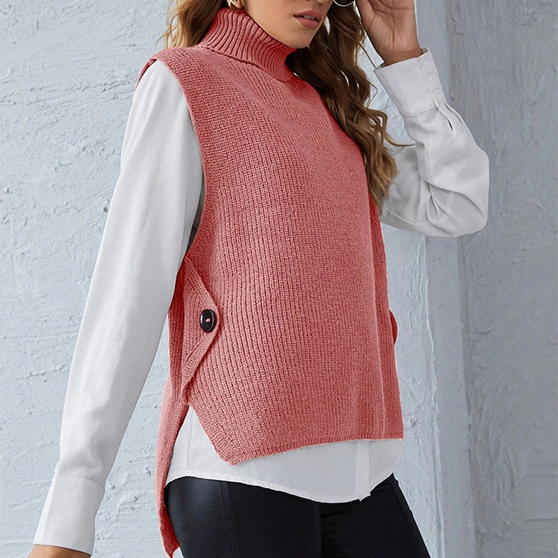 Damen ärmellose Strickjacke mit hohem Kragen und Knopfdetails ModeGeist