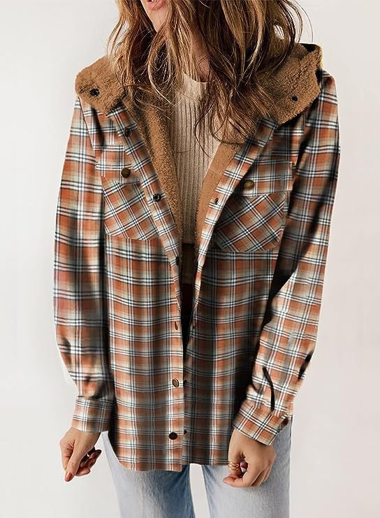 ModeGeist | Plaid Jacke Langarm Schnalle Wolle mit Kapuze