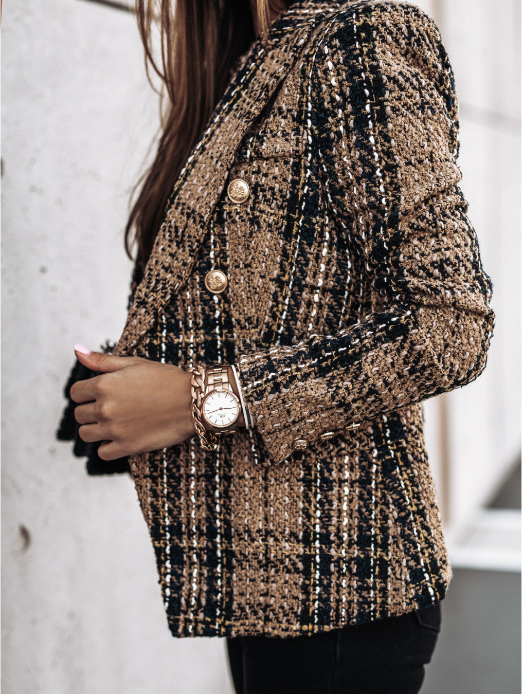 Damen Modischer Bouclé-Blazer mit doppelter Knopfleiste und strukturiertem Gewebe ModeGeist