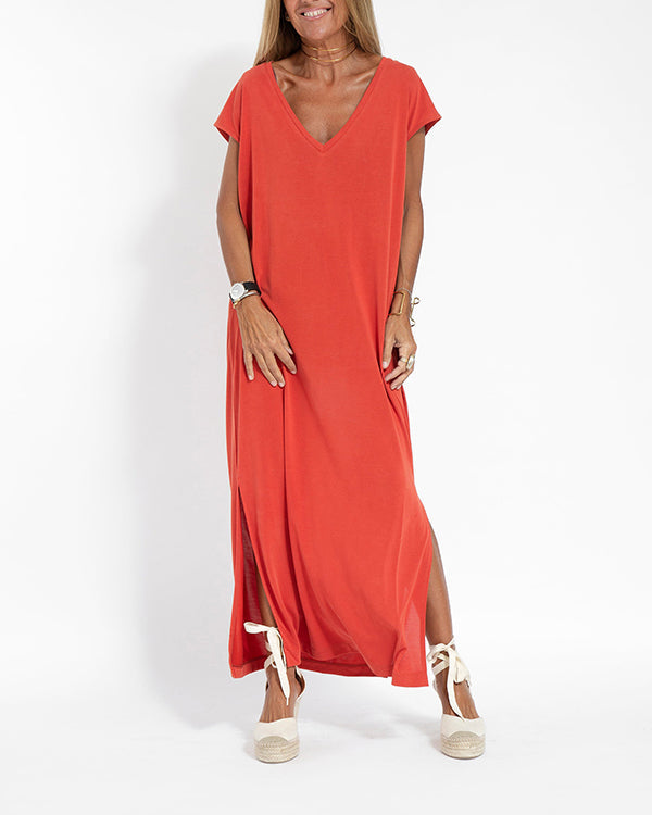 MODEGEIST Damen Maxi-Kleid V-Ausschnitt Terrakotta Seitenschlitz