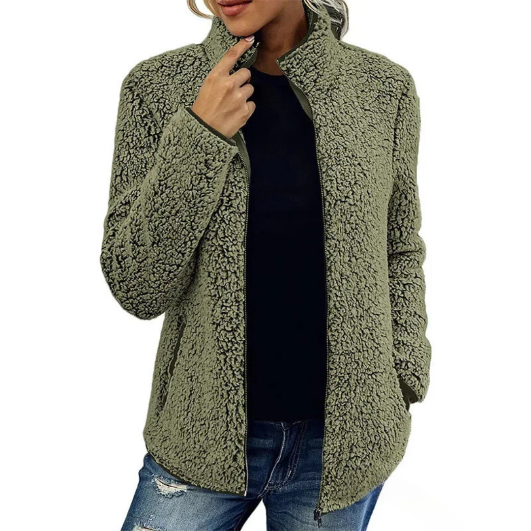 ModeGeist | Weiche Damen Teddyjacke Mit Hohem Kragen Und Reißverschluss