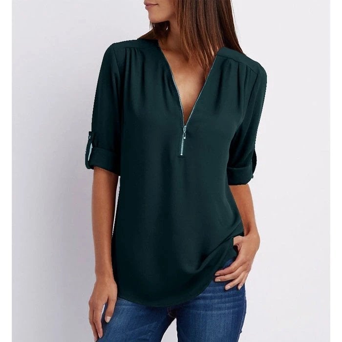 MODEGEIST Damen Bluse V-Ausschnitt Reißverschluss rosa Kurzarm