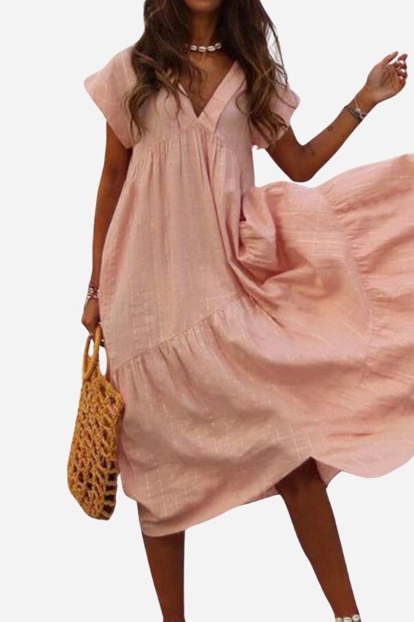 MODEGEIST Damen Midi-Kleid V-Ausschnitt Stufen Rosa