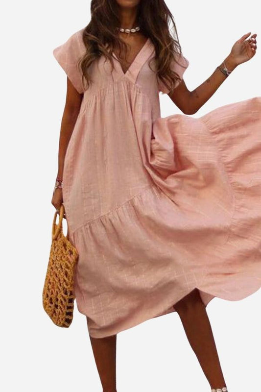 MODEGEIST Damen Midi-Kleid V-Ausschnitt Stufen Rosa