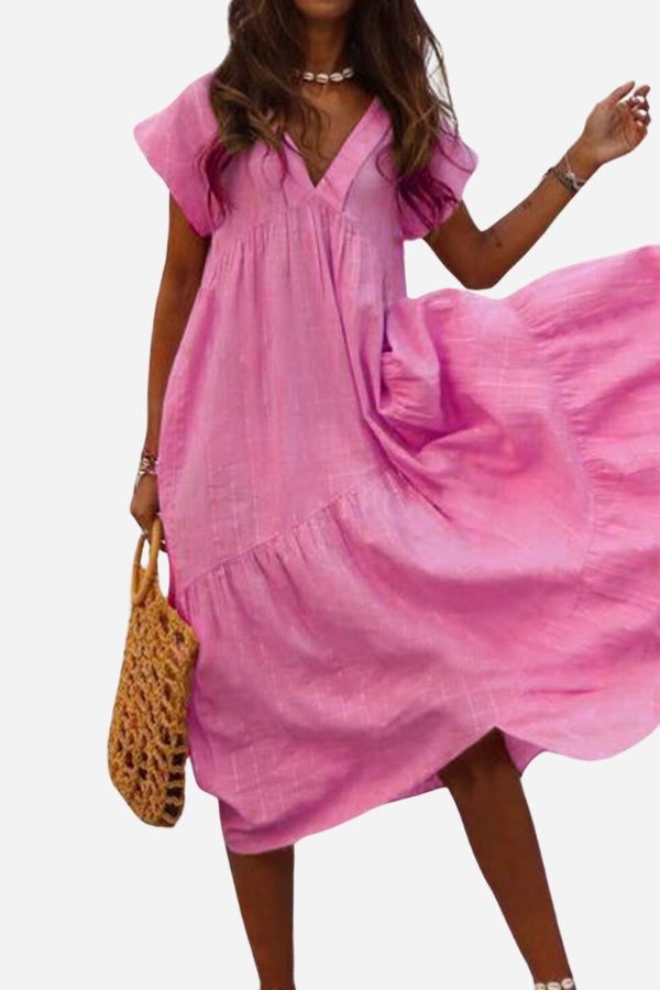 MODEGEIST Damen Midi-Kleid V-Ausschnitt Stufen-Design Flatter-Ärmel Rosa