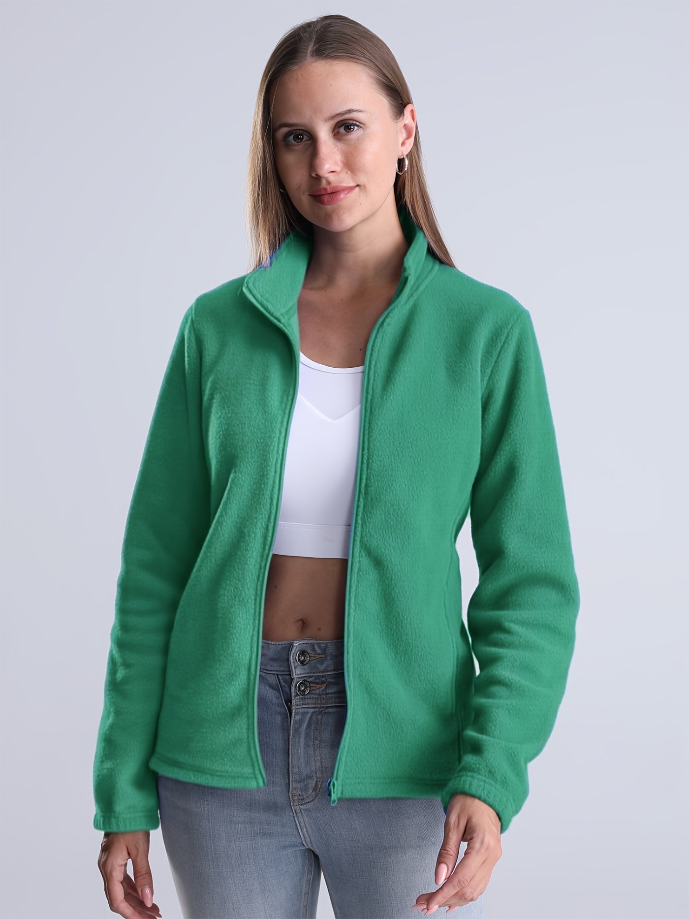 ModeGeist | Unifarbene Fleece-Jacke mit Reißverschluss und Taschen