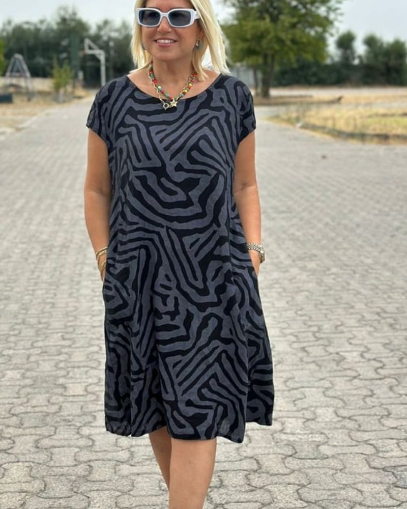 MODEGEIST Damen Sommerkleid Rundhals Print-Design Vintage-Stil