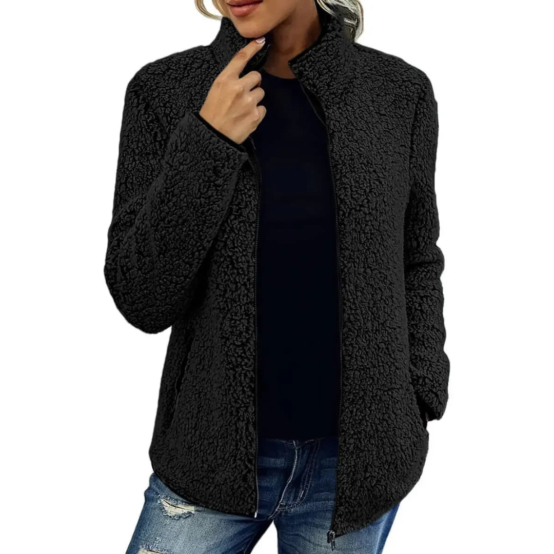 ModeGeist | Weiche Damen Teddyjacke Mit Hohem Kragen Und Reißverschluss