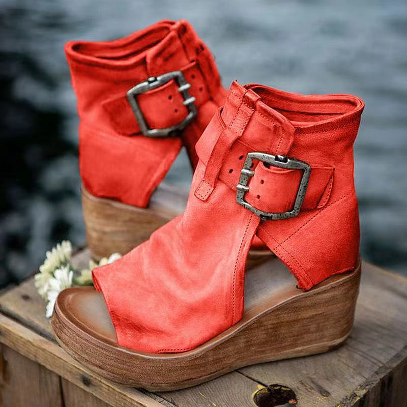 MODEGEIST Damen Keilabsatz-Sandalen Boho-Stil Schnalle Komfort-Sohle