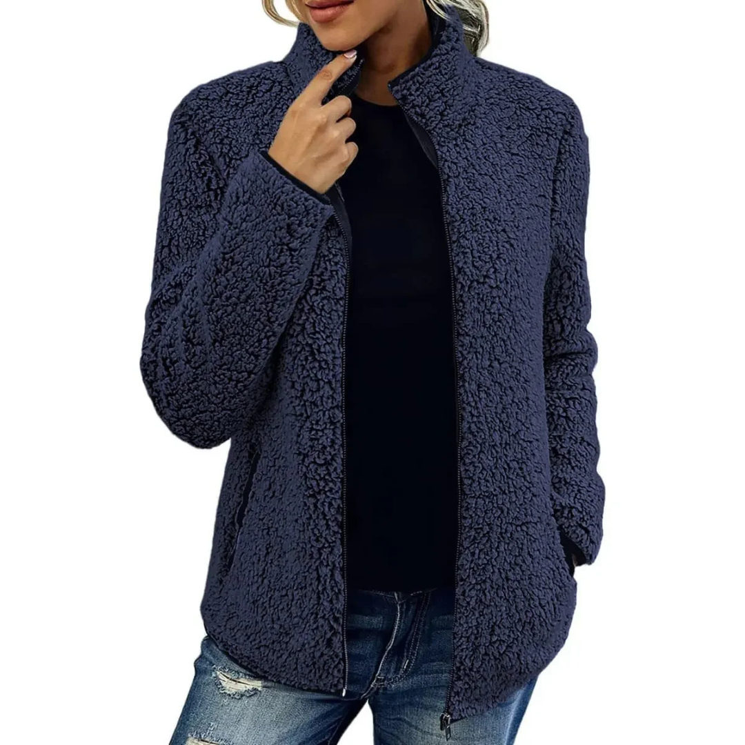 ModeGeist | Weiche Damen Teddyjacke Mit Hohem Kragen Und Reißverschluss