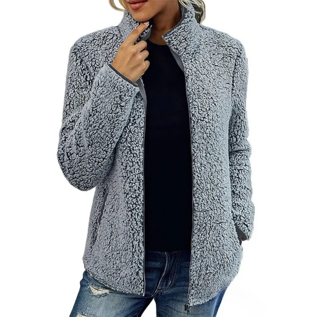 ModeGeist | Weiche Damen Teddyjacke Mit Hohem Kragen Und Reißverschluss