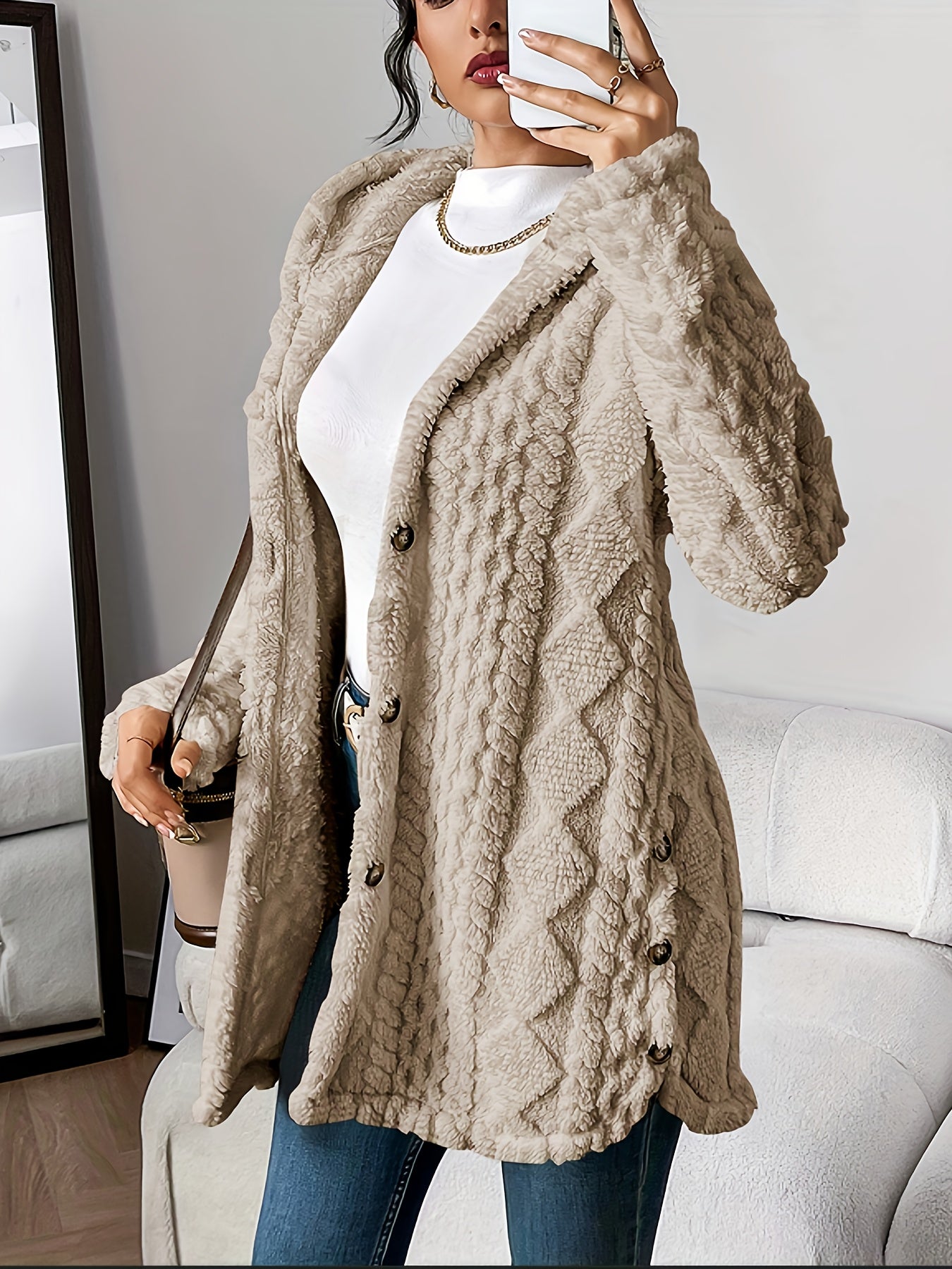 MODEGEIST Damen Kapuzen-Cardigan Weich Plüsch Warm Oversized