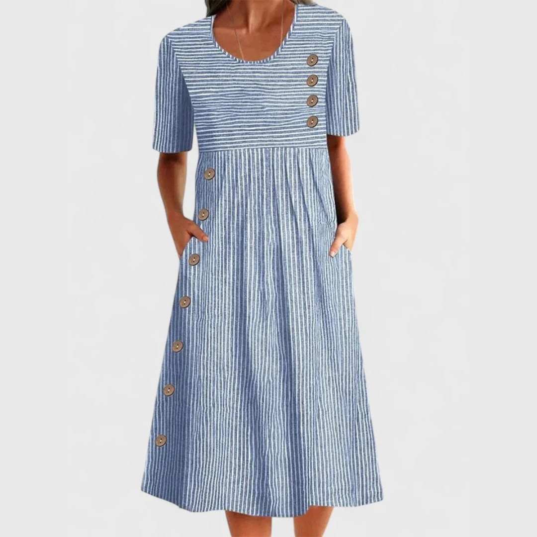 MODEGEIST Damen Midi-Kleid Gestreift Knopfdetails Marine