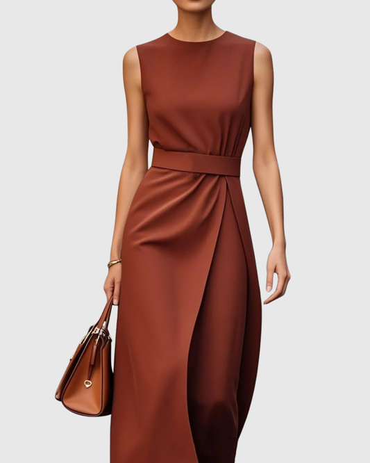 MODEGEIST Damen Midi-Kleid Ärmellos Twist-Detail Rostbraun