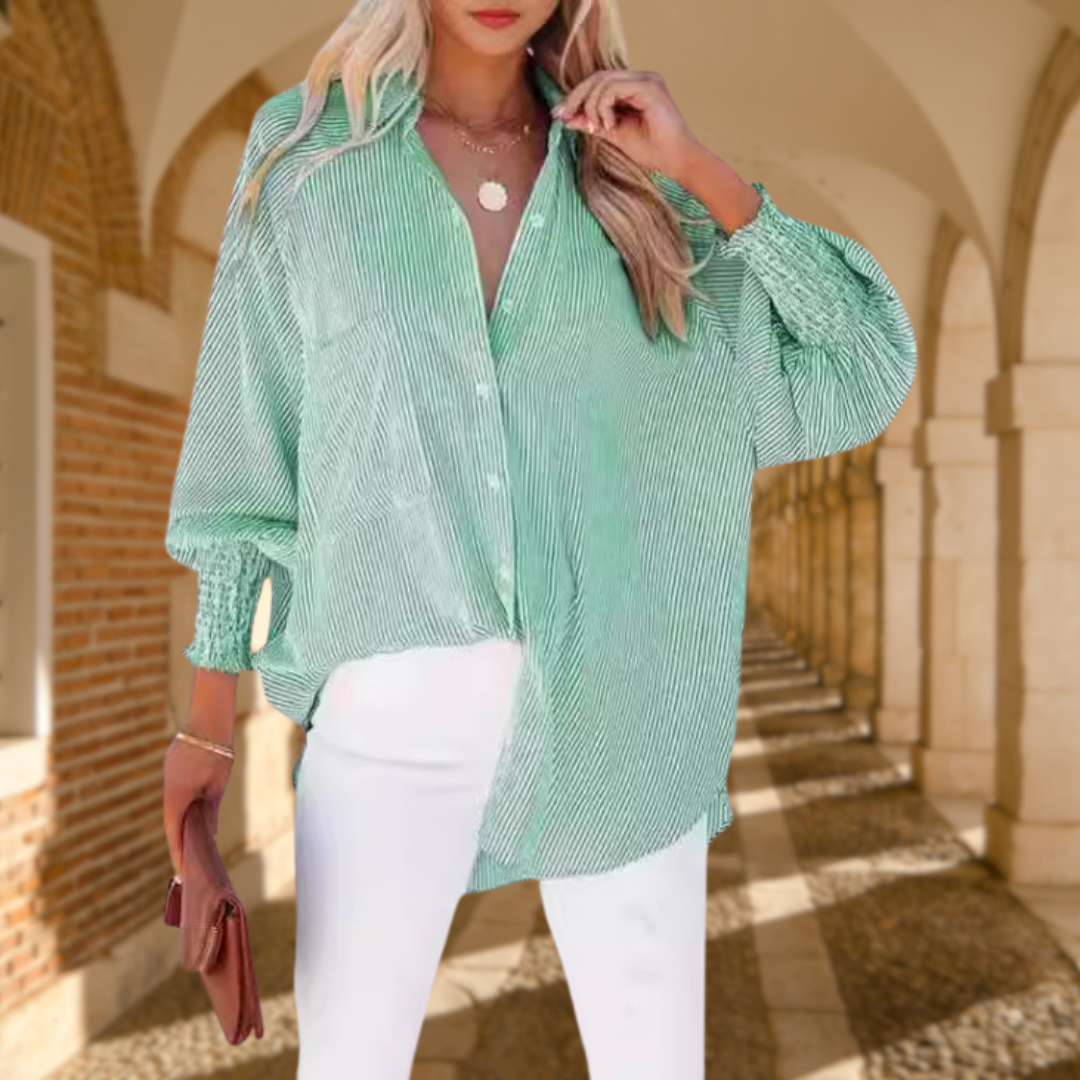 MODEGEIST Damen Oversized Hemdbluse Gestreift Langarm Hellblau Weiß