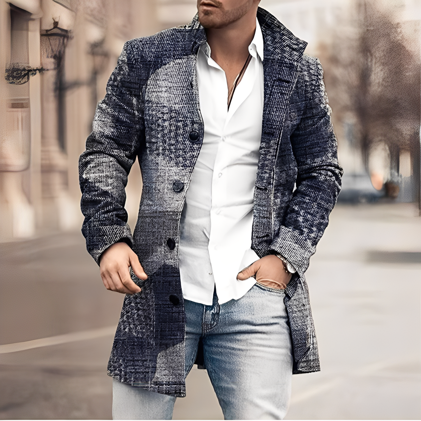 ModeGeist | Lässiger Langer Tweed-Mantel für Herren