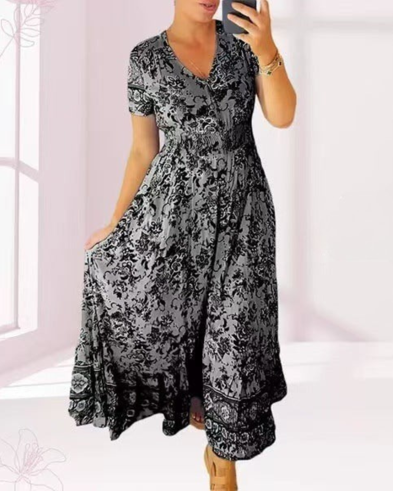 TESSA: Langes gemustertes Kleid mit Knopfleiste