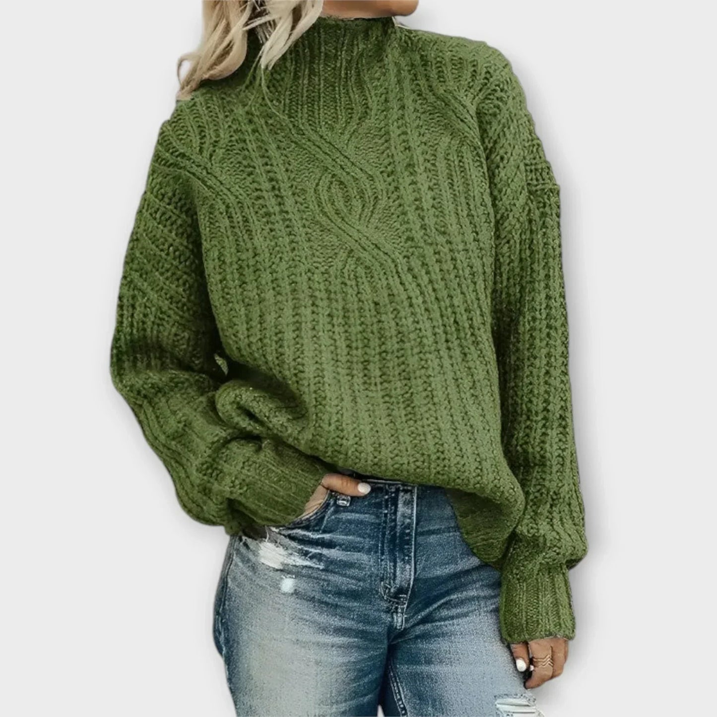 MODEGEIST Damen Pullover Stehkragen Zopfmuster Langarm Strick