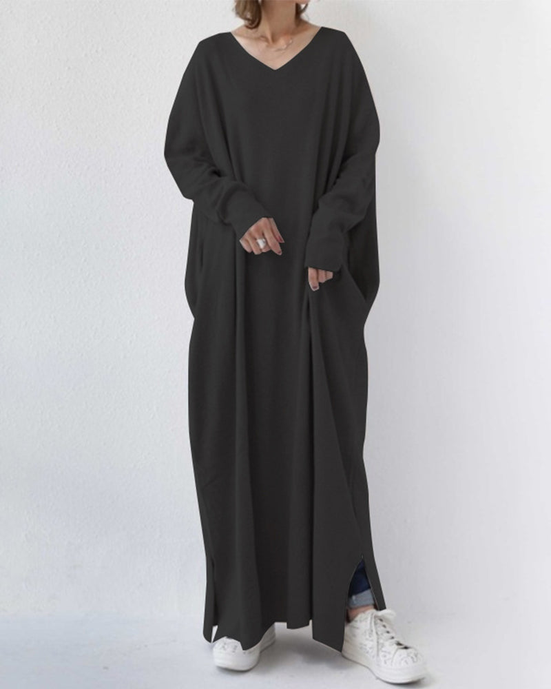 MODEGEIST Damen Winter Maxikleid Langarm Fließend Grau Strickkleid