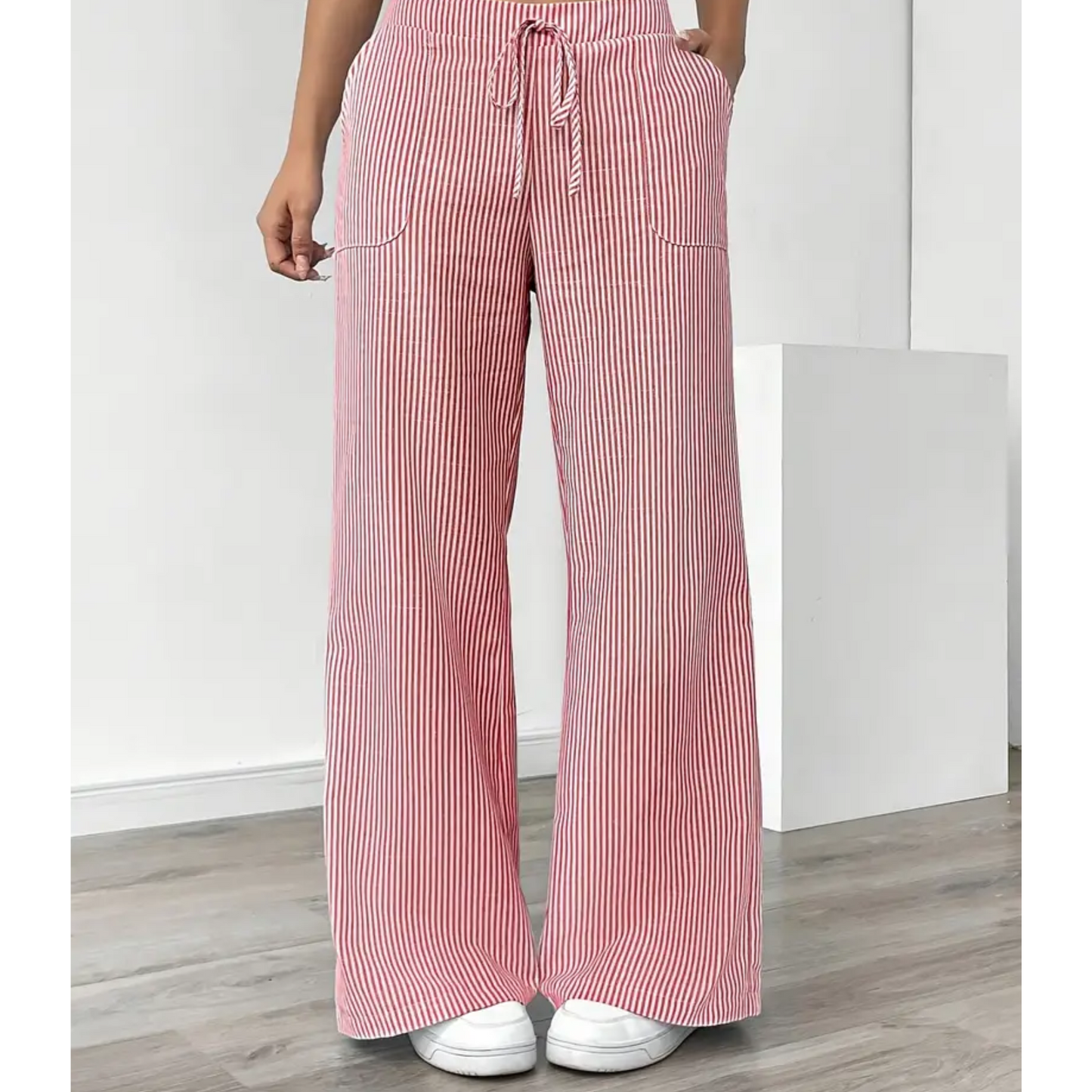 MODEGEIST Damen Gestreifte Hose Entspannte Passform Taschen