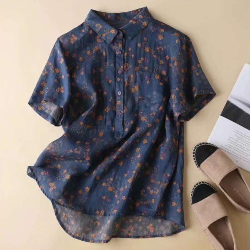 MODEGEIST Damen Bluse Blumenmuster Leicht Kurze Ärmel Knopfleiste