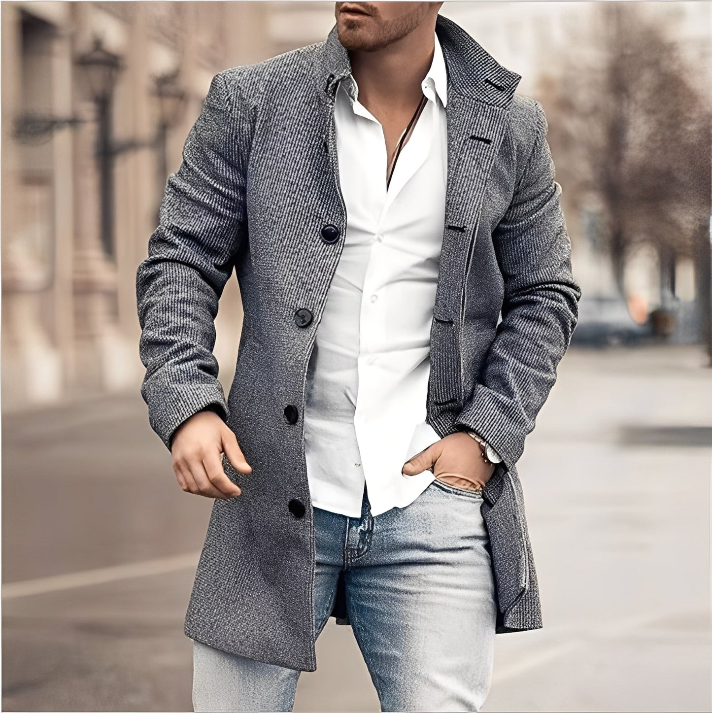 ModeGeist | Lässiger Langer Tweed-Mantel für Herren