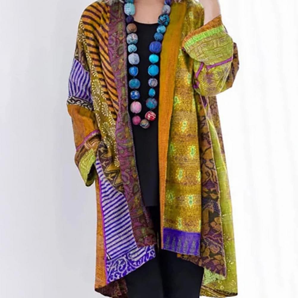 ModeGeist | Kimono-Jacke - Bohemian-Patchwork-Design - Leicht und Luftig - Langärmlig Offene Vorderseite