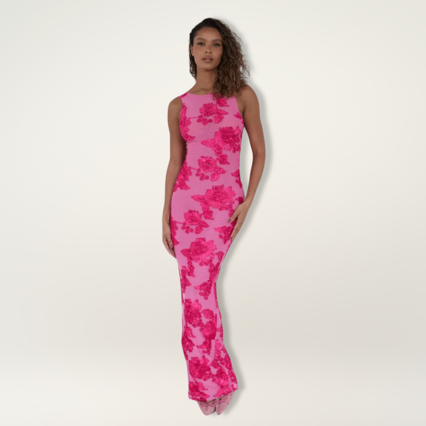 MODEGEIST Damen Maxi-Kleid Blumenmuster Fließende Silhouette Rosa