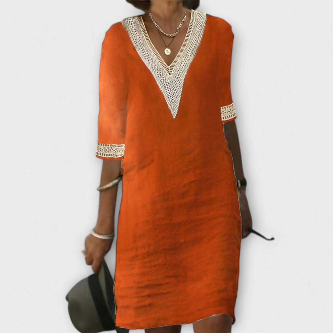 MODEGEIST Damen Häkel-Kleid Lochmuster Fließende Silhouette Boho
