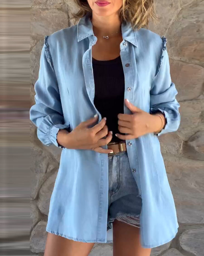 ModeGeist | Lässige Lange Denim Hemd Baumwolle Komfortabel und Entspannt