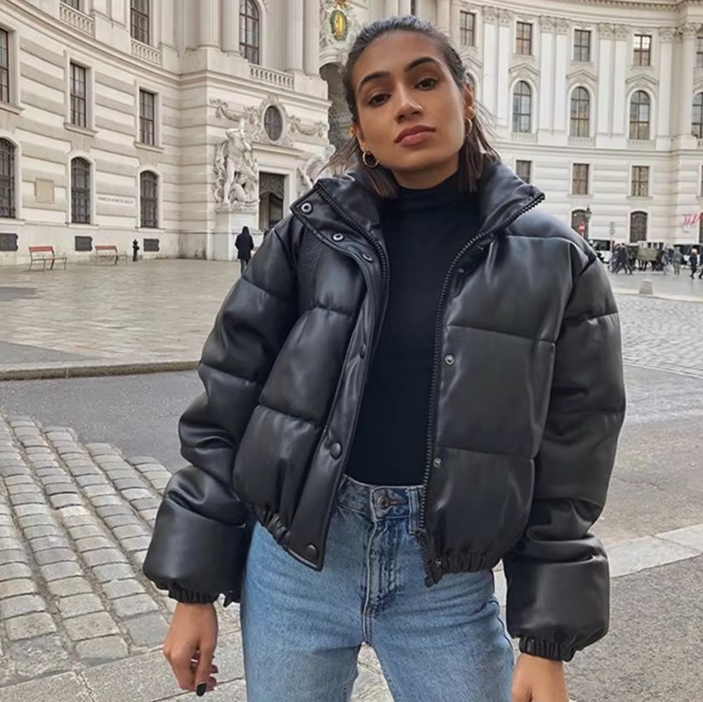 ModeGeist | Leder Pufferjacke für Damen - Winter