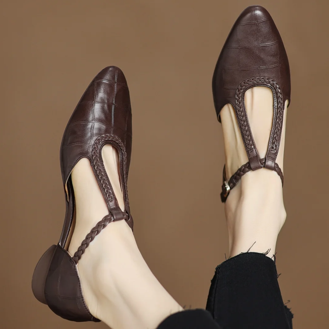 MODEGEIST Damen Mary Jane Ballerinas Leder T-Riemen Schwarz