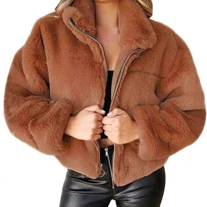 Damen Teddy Fleece Jacke Carola: Warme Kurzjacke mit hohem Kragen, stylisch
