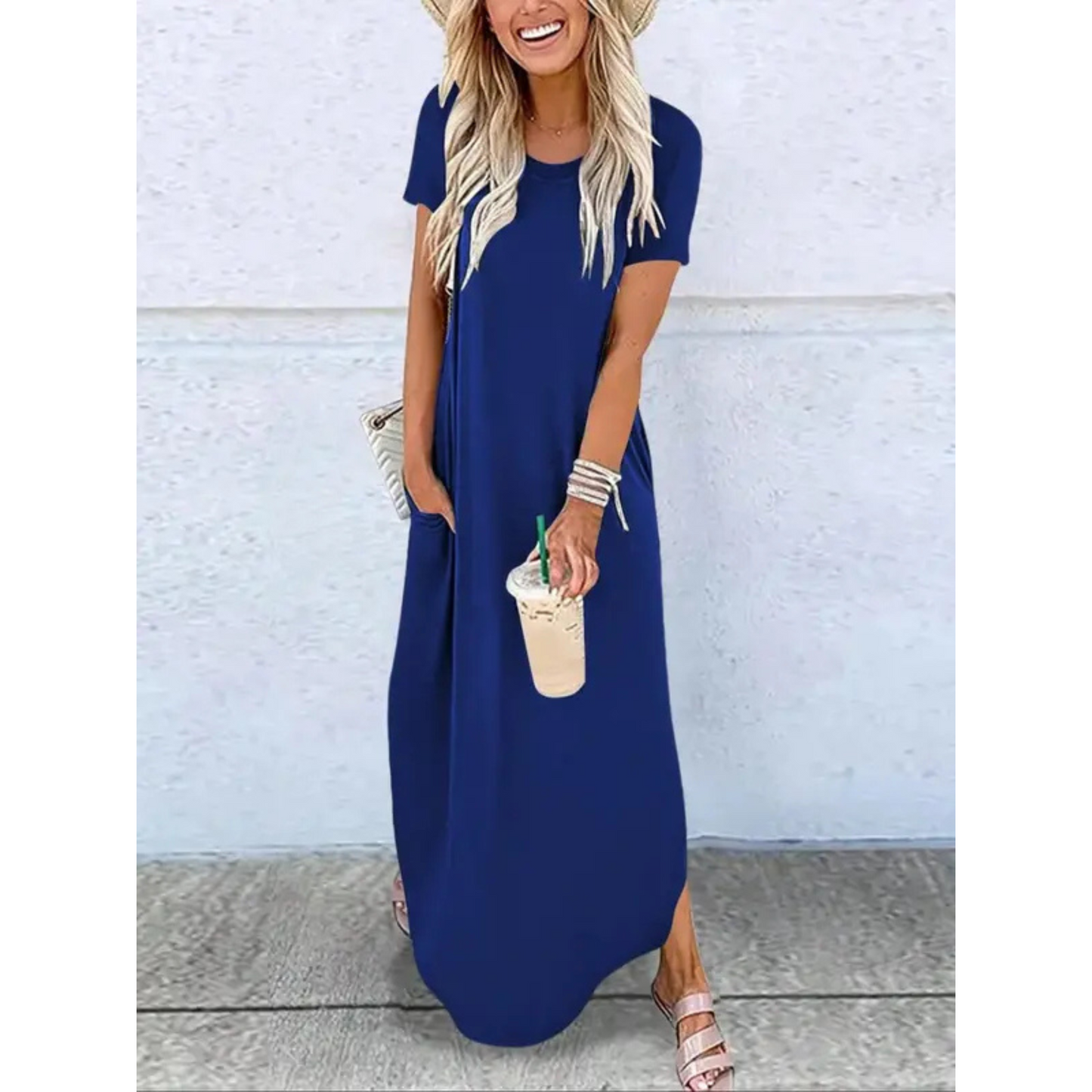 MODEGEIST Damen Maxi-Kleid Rundhals Casual Sommer Leicht