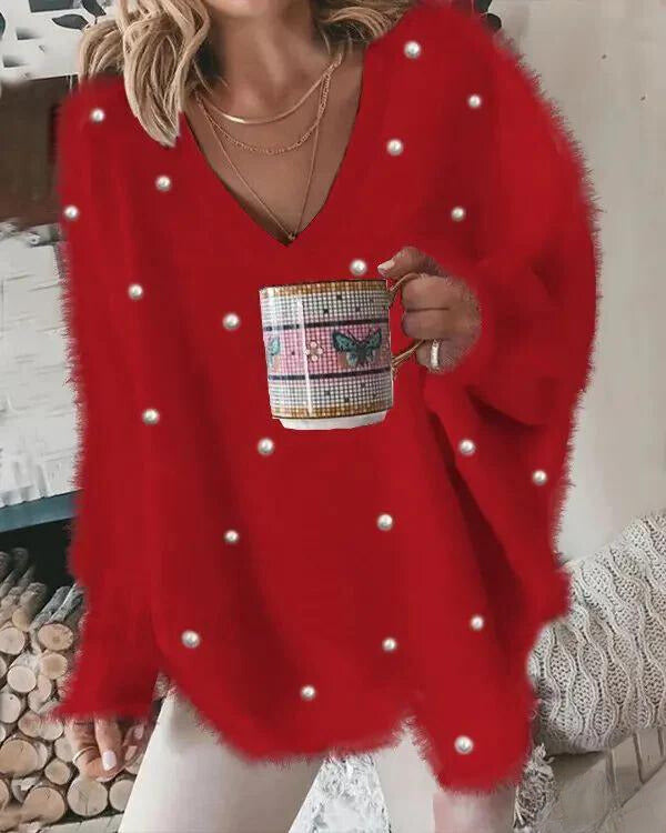 Damen-Pullover mit langen Ärmeln und Perlen, flauschig weich