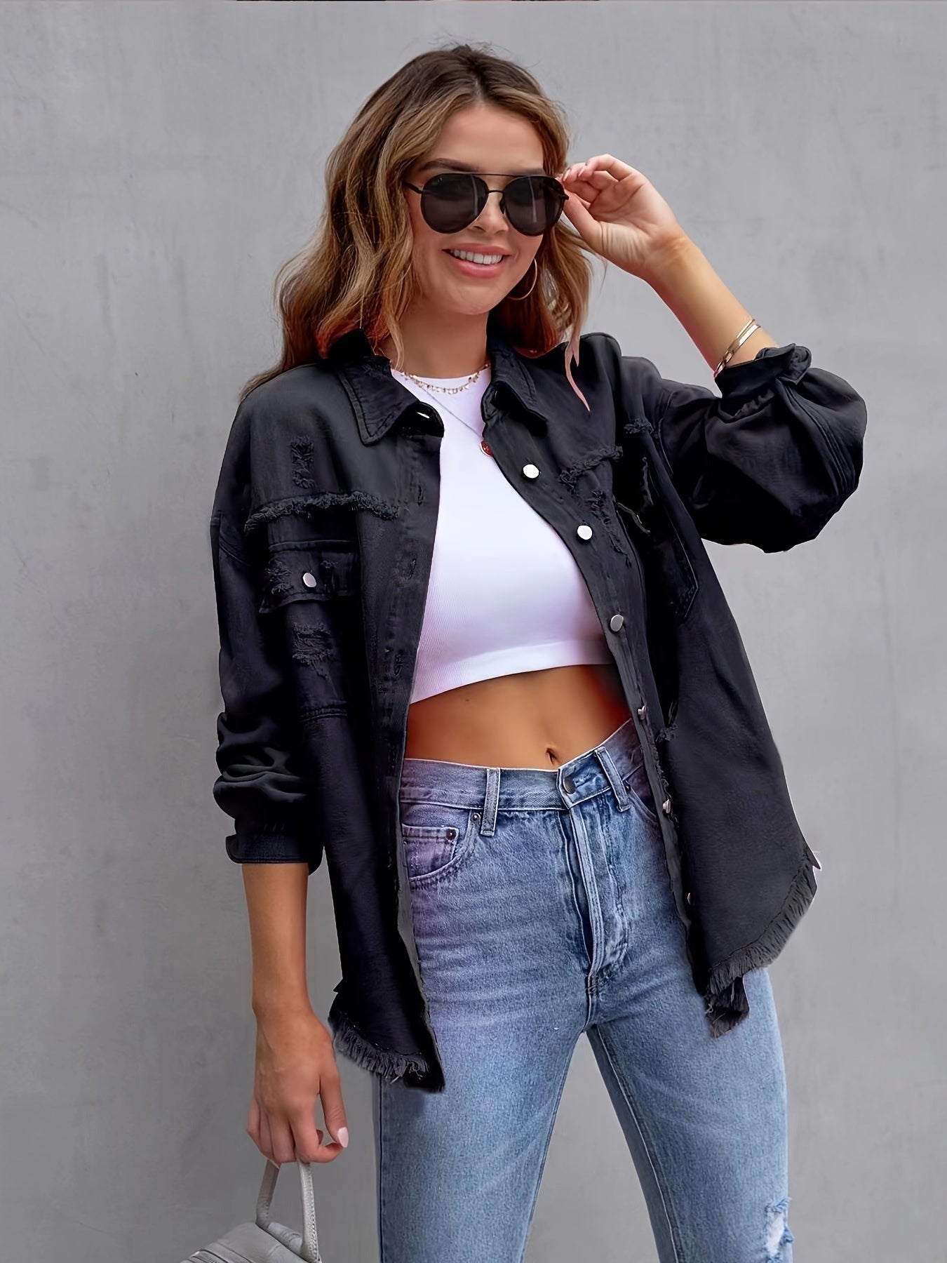 ModeGeist | Denimjacke Boho Nicht Dehnbar, Einfarbig, Knopfverschluss
