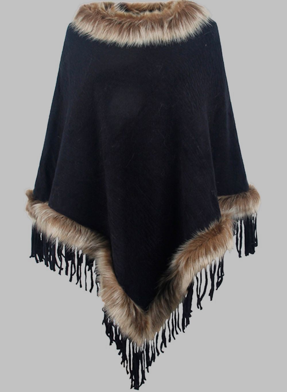 ModeGeist | Elegante Damen Poncho mit Pelzkragen und Fransen