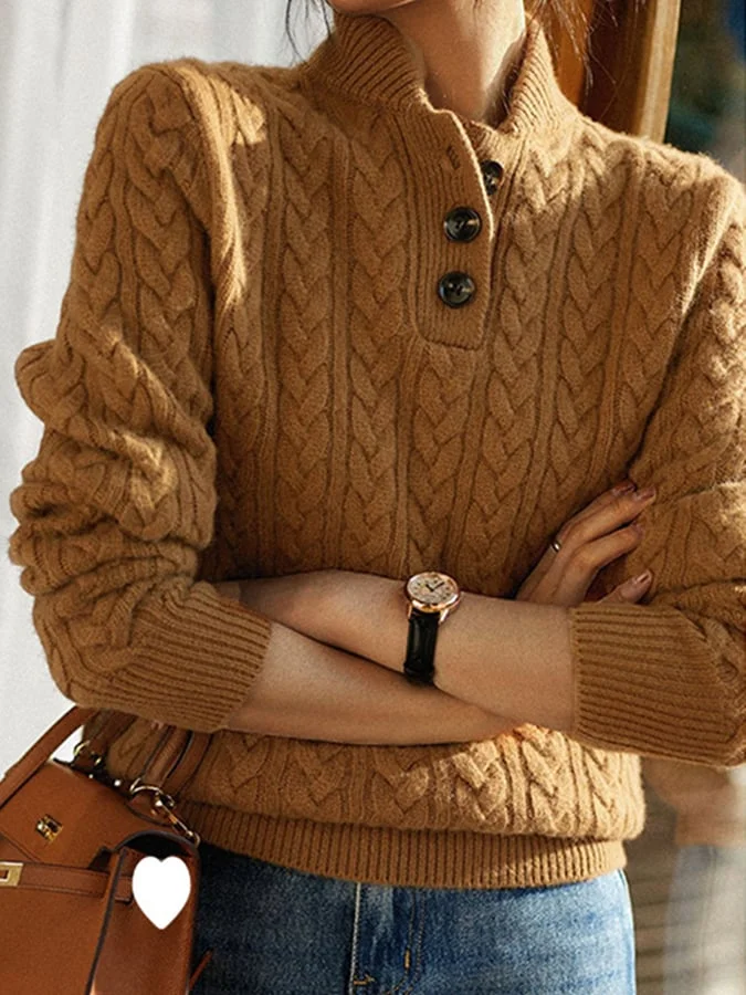 Damen-Pullover mit Zopfmuster und Knopfleiste