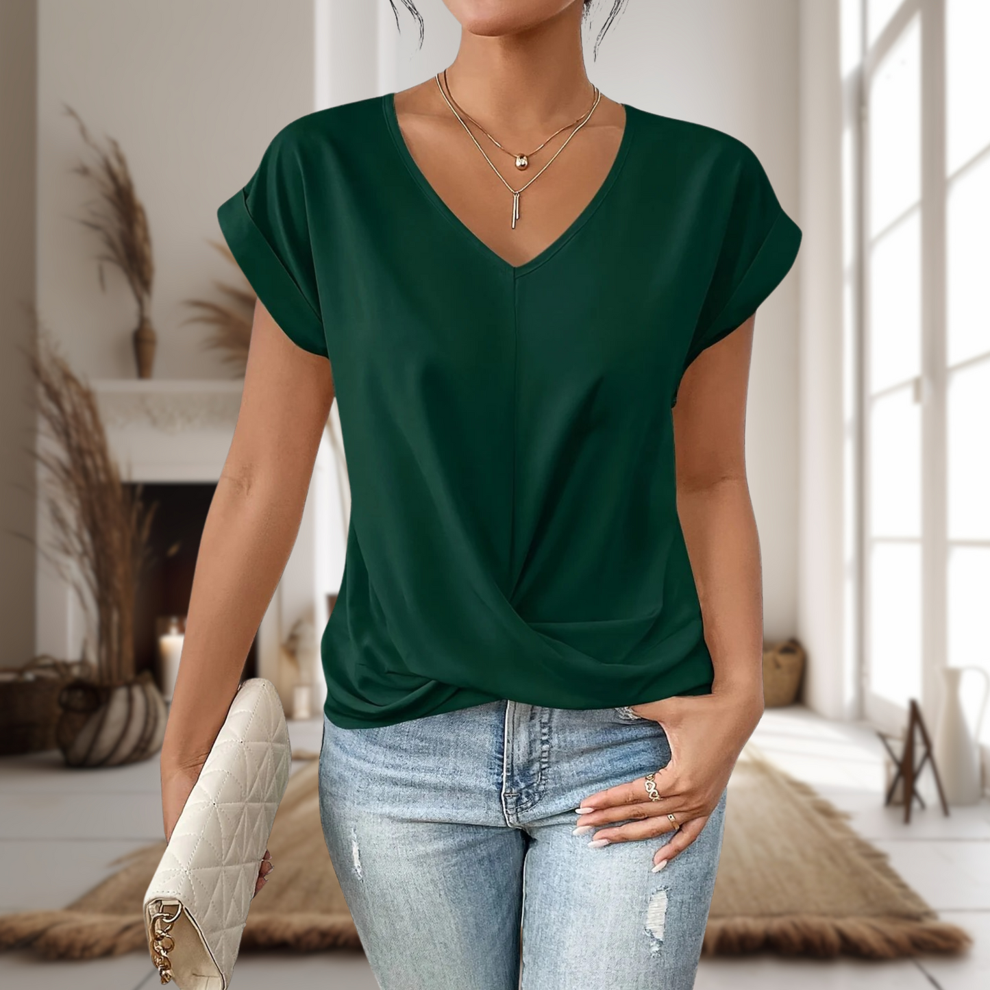 MODEGEIST Damen T-Shirt Herzausschnitt Kurzarm Weicher Stoff Casual