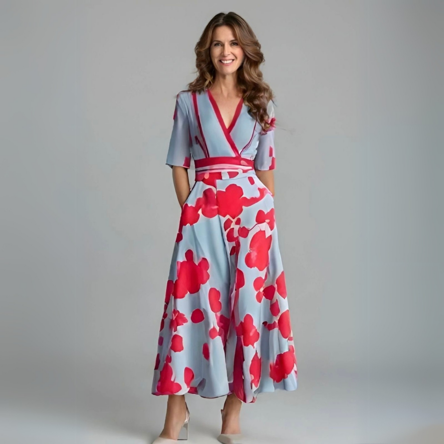 MODEGEIST Damen Wickelkleid Blumenmuster Kurze Ärmel
