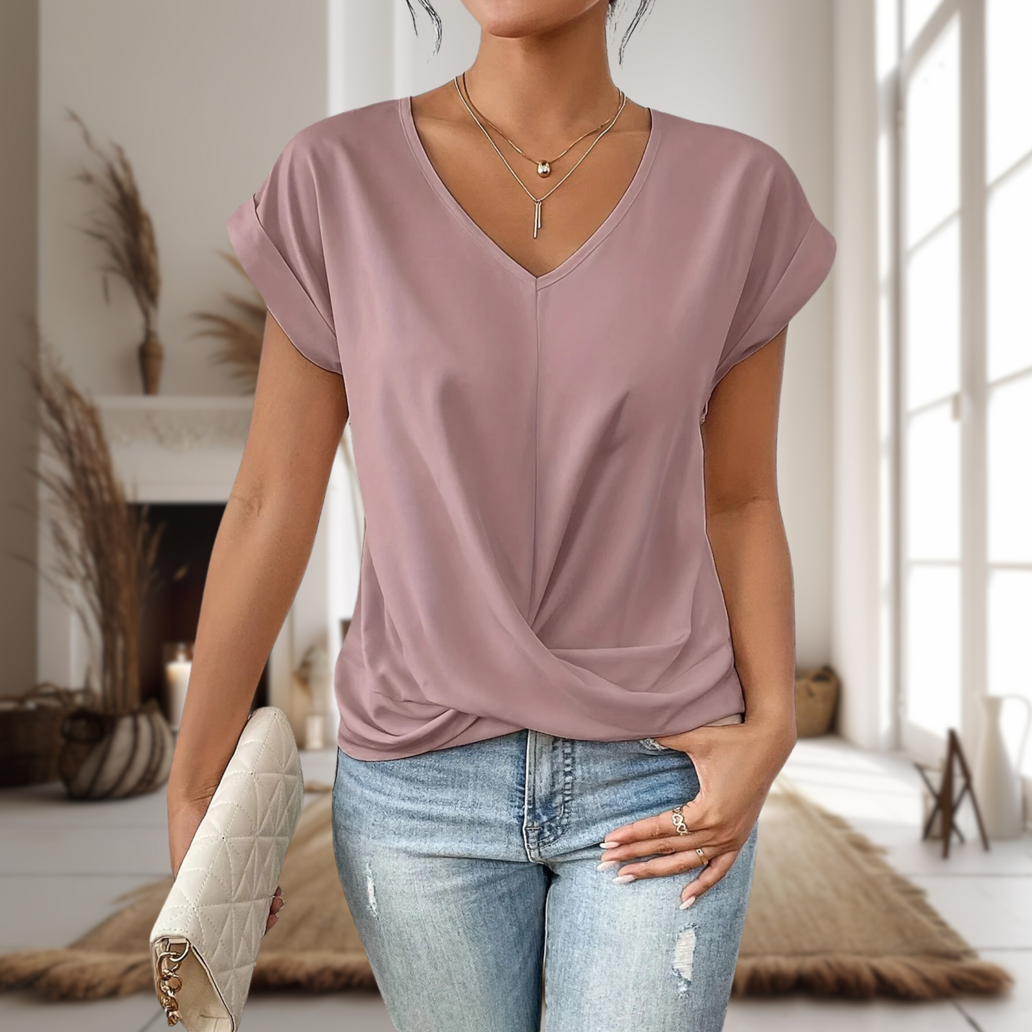 MODEGEIST Damen T-Shirt Herzausschnitt Kurzarm Weicher Stoff Casual