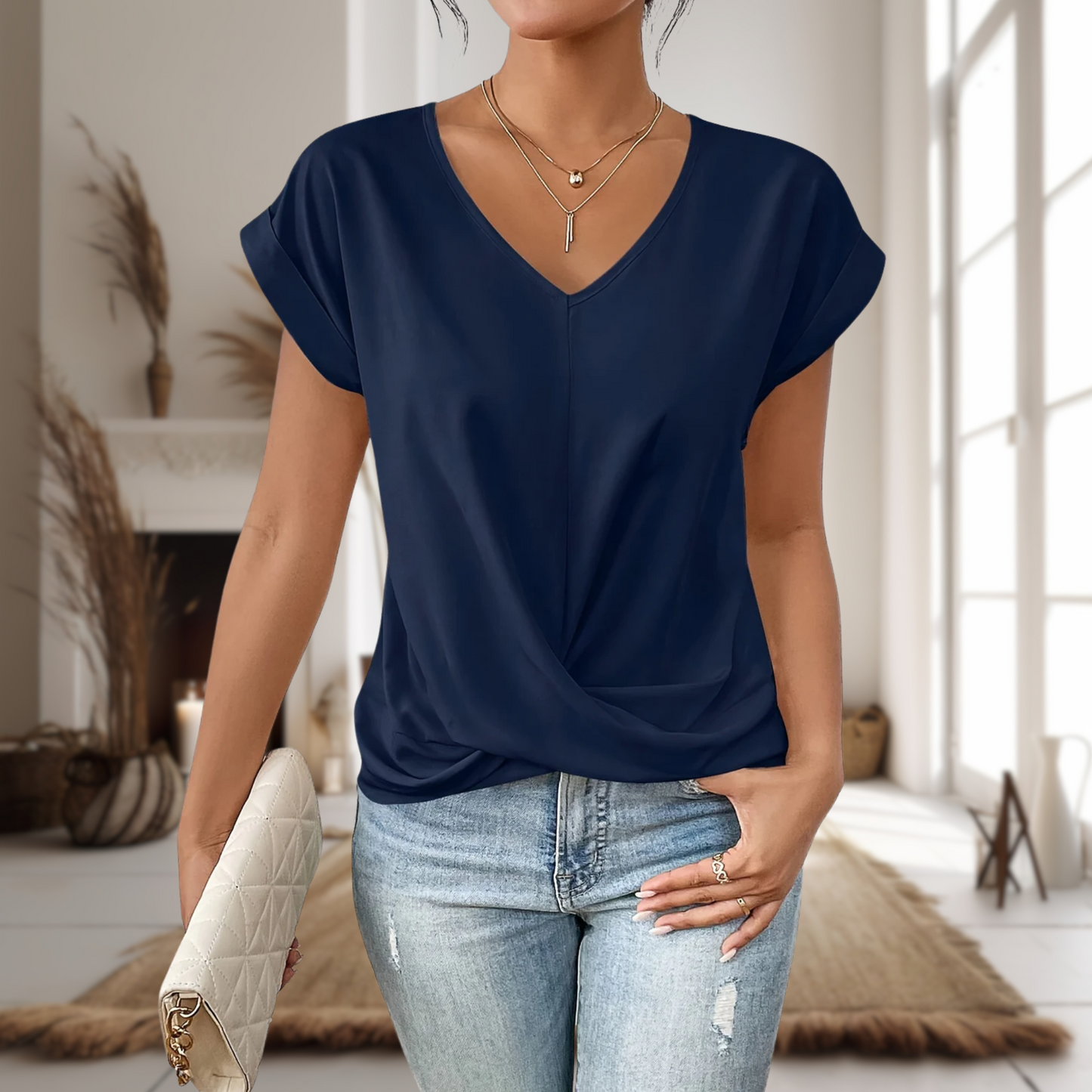 MODEGEIST Damen T-Shirt Herzausschnitt Kurzarm Weicher Stoff Casual