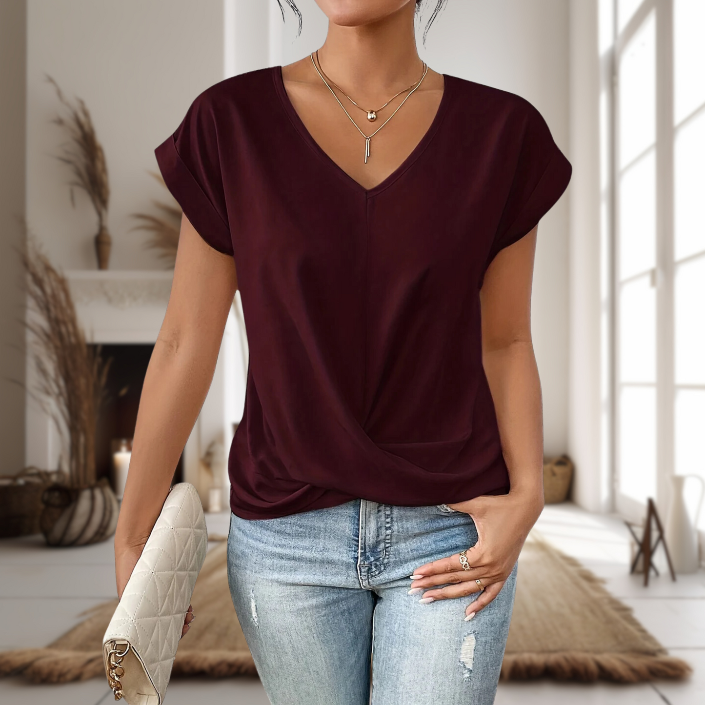 MODEGEIST Damen T-Shirt Herzausschnitt Kurzarm Rosa Weich