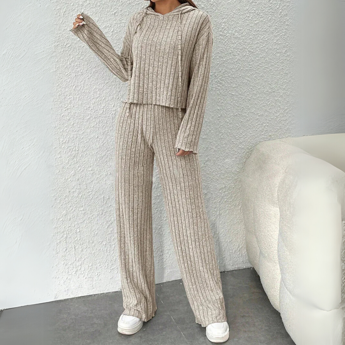 MODEGEIST Damen Jogginganzug Set Hoodie Gerippter Strick Casual